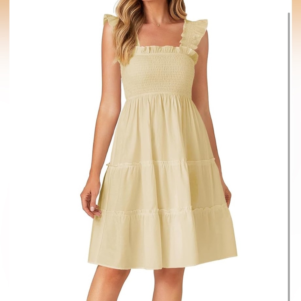 Smocked tiered square neck dress with ruffle straps- cotton- neutral beige color